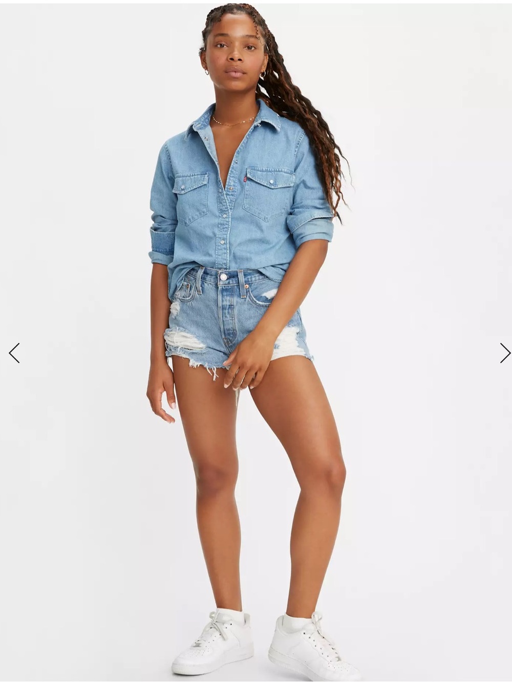 Levi's 501 Women's Light Blue Denim Shorts- Classic Button-Up and Distressed